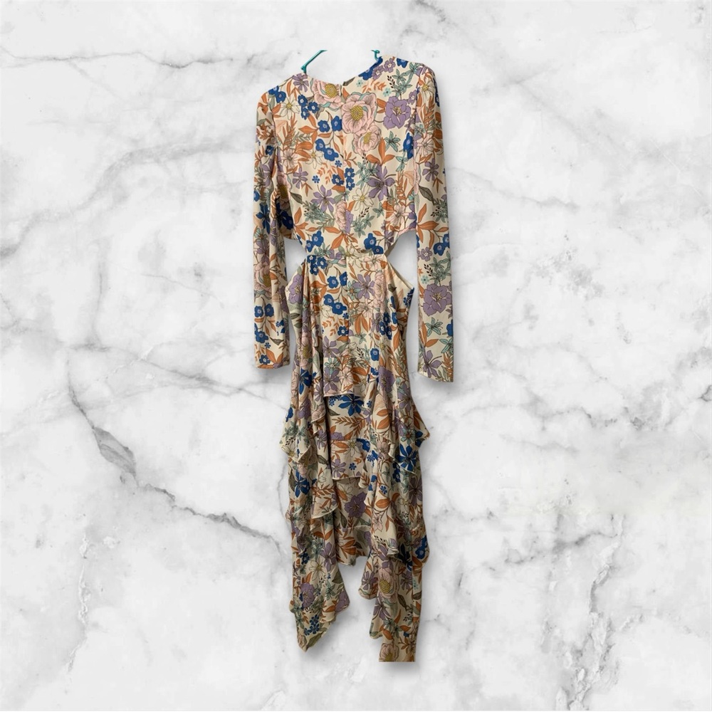 Peach Love California Floral Dress with Tan and Blue Accents tiered ruffles